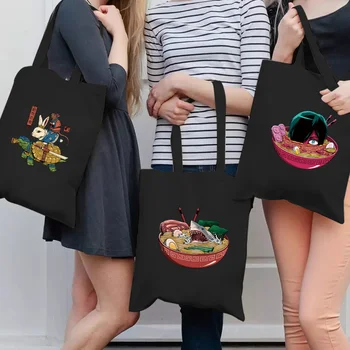 Женские сумки для покупок, сумка-тоут, Эко-сумка для покупок, черная парусиновая модная сумка с принтом милых мультфильмов, универсальная сумка для мелочей