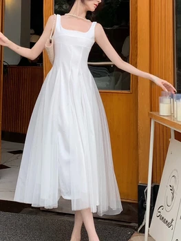 2023 Летнее Французское элегантное платье на бретельках, женское повседневное однотонное вечернее платье, Офисное платье с открытой спиной, цельное платье Корейской моды