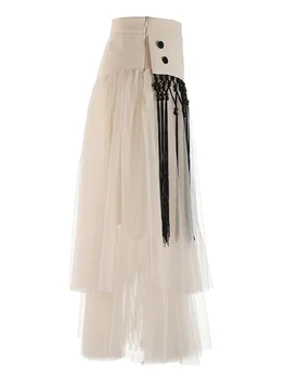 2023 Новая женская летняя одежда, сетчатая юбка в стиле пэчворк с кисточками, женские повседневные миди-юбки трапециевидной формы с высокой талией,