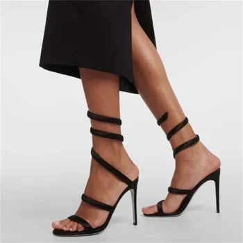 2024 Летние новые женские босоножки на тонком высоком каблуке с открытым носком в одну линию, модная сексуальная женская обувь для вечеринок 43 размера