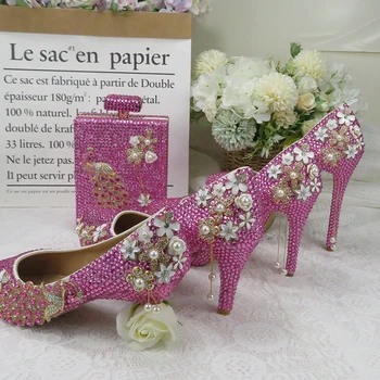 BaoYaFang, вечерние туфли с павлином из розового хрусталя, свадебные туфли и сумки для новобрачных, туфли на платформе на высоком каблуке, модные туфли-лодочки большого размера
