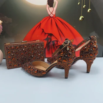 BaoYaFang/ Модные женские свадебные туфли со стразами кофейного цвета с соответствующими сумками, Высокие туфли-лодочки, модные туфли с ремешком на щиколотке, пряжкой и сумочкой
