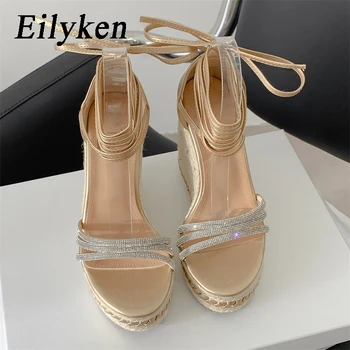 Eilyken, Золотые, Серебряные, хрустальные сандалии на платформе и танкетке, женская летняя модная женская обувь-гладиатор на ультравысоком каблуке со шнуровкой по щиколотку