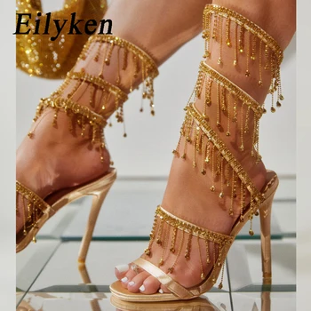 Eilyken/ Летние модные босоножки со стразами и золотистым хрусталем, женские босоножки из бисера для ночного клуба, туфли на шпильке с ремешком и открытым носком