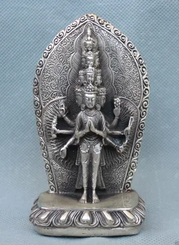H 155 мм Украшенный Тибетский буддизм Серебро 1000 Рук Авалокитешвара Богини Гуань Инь Статуя Украшения настоящее Серебро Латунь
