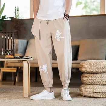 M-5XL! 2023 Летние новые мужские повседневные брюки из хлопка и конопли в китайском стиле с персонализированной вышивкой китайского персонажа, корсетные брюки-Харен