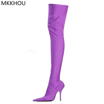 MKKHOU/ Модные Сапоги выше колена; Женские Новые Однотонные Атласные сапоги на шпильке с острым носком и высоком каблуке 12 см; Облегающие Эластичные сапоги ; Большие размеры