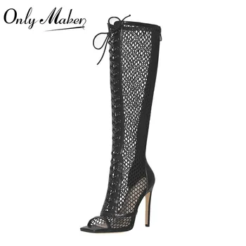 Onlymaker/ Женские Летние Босоножки на шнуровке с открытым носком, Сетчатые матовые черные Туфли на тонком высоком каблуке, Модные туфли на молнии большого размера