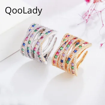 QooLady Роскошное Обручальное кольцо из многоцветного кубического циркония с твердым покрытием, широкие обручальные кольца CZ для женщин, модные ювелирные изделия F082