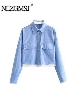 TRAF 2024 Весенняя Синяя укороченная рубашка Женские рубашки для женщин с длинным рукавом, блузки на пуговицах для женщин, повседневные рубашки, топы