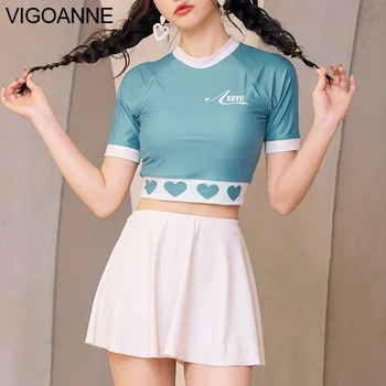 VigoAnne 2023, однотонные купальники с коротким рукавом, Женская Сексуальная юбка с высокой талией, комплект бикини, Корейский купальник, Пляжный спортивный купальник