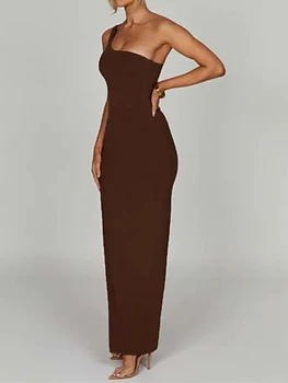 Yoawdats Женское облегающее длинное платье Y2K без рукавов на одно плечо Однотонное вечернее платье с высоким разрезом Коктейльные платья Макси