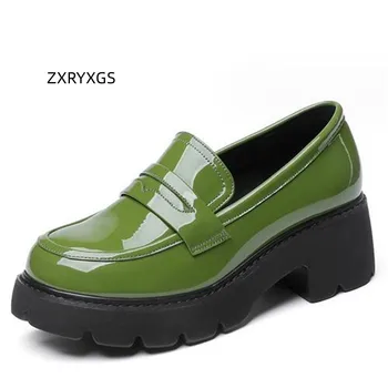 ZXRYXGS Женская Обувь из Воловьей лакированной кожи Премиум-класса в Британском стиле, Осень 2023 Года, Обувь на толстой подошве и высоком каблуке, Размер обуви 32-43