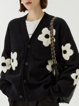 Белый Кардиган с цветочной вышивкой, Женский осенне-зимний Повседневный вязаный свитер с V-образным вырезом, Женский Элегантный Винтажный однобортный джемпер
