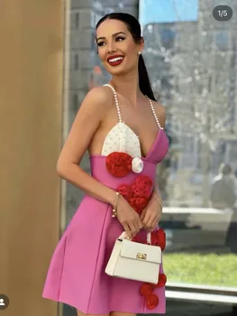 В НАЛИЧИИ Женское сексуальное платье с V-образным вырезом, расшитое жемчугом, Розовое мини-облегающее платье трапециевидной формы, элегантное платье для вечеринки в вечернем клубе