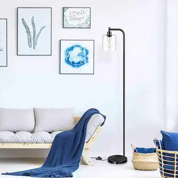Вертикальный металлический светодиодный торшер со стеклянным абажуром и латунной дугой на шесте, высокое освещение для гостиной, спальни, офиса E26 Золото / черный