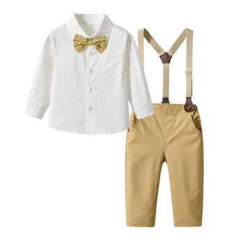 Весенняя Детская одежда 2023 года, Хлопчатобумажная рубашка с лацканами и длинными рукавами Для мальчиков, Детские Брюки На подтяжках, Модный костюм-двойка