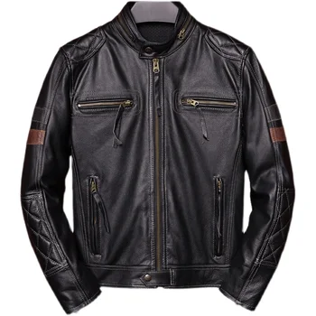 Весенняя мужская куртка черного цвета в мотоциклетном стиле, большие размеры 5XL, натуральная воловья кожа, осенние приталенные пальто из натуральной кожи