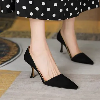 Весна 2023 г. Элегантные Черные замшевые женские туфли на высоком каблуке Сексуальные абрикосово-бежевые туфли-лодочки из искусственной кожи с острым носком на шпильке для вечеринок