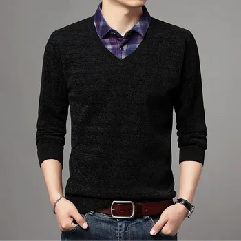 Высококачественный бархатный Новый Модный Брендовый вязаный пуловер с фальшивым воротником в Корейском стиле, мужской свитер, повседневный джемпер, мужская одежда