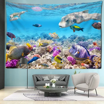 Гобелен с глубоководными рыбами и кораллами, висящий на стене с морскими животными в стиле бохо в спальне, гостиной, художественном оформлении дома