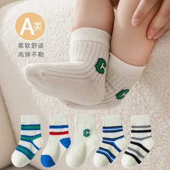 Детские носки из чесаного хлопка весной и осенью, носки для новорожденных без костей, короткие носки в полоску с буквами, мужские детские носки