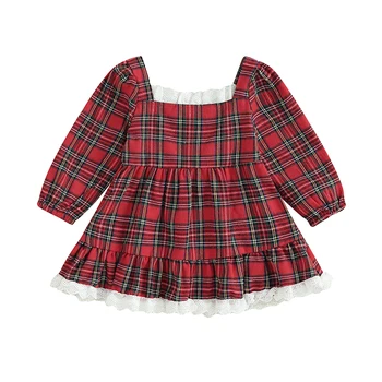 Детское платье для девочек с клетчатой кружевной отделкой, квадратным вырезом, длинным рукавом, модное осеннее повседневное платье принцессы