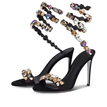 Женская обувь Летние Босоножки на высоком каблуке, украшенные драгоценными камнями, со змеевидным дизайном, Разноцветные Каменные Сандалии, Стразы, Сандалии на шпильке с открытым носком.