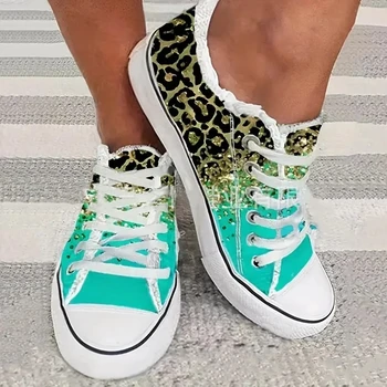 Женские зеленые кроссовки с леопардовым принтом, парусиновая обувь на плоской подошве со шнуровкой, студенческие повседневные спортивные кроссовки для бега, женская вулканизированная обувь