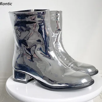 Женские зимние ботильоны ручной работы Rontic, лакированная молния сбоку, массивный каблук, круглый носок, великолепная серебристая обувь для ночного клуба, Размер США 5-20