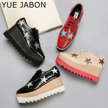 Женские лоферы YUE JABON, женские туфли Stars с квадратным носком, на шнуровке, на толстой подошве, на платформе, на танкетке, увеличивающие рост, женские туфли star, увеличивающие рост