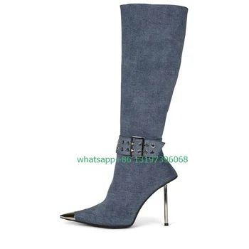 Женские сапоги до колена на шпильке с узором в виде пряжки на высоком каблуке, сапоги до колена с острым носком, джинсы, ковбойские дизайнерские ботинки, размер обуви 46