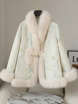 Женское пуховое пальто из белого меха 2023 года, элегантное пуховое пальто средней длины в китайском стиле с шелковым лицом знаменитостей, зимнее
