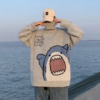 Зимний свитер для пары с высоким воротом в виде акулы из японского мультфильма, мужской модный бренд, свободная Корейская версия трикотажа, Ins Harbor Wind Coat