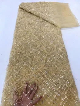 Золотая кружевная ткань, Расшитая бисером, Нигерийская Роскошная кружевная ткань с жемчугом и пайетками, Африканская кружевная ткань для свадебной вечеринки, свадебные кружевные ткани