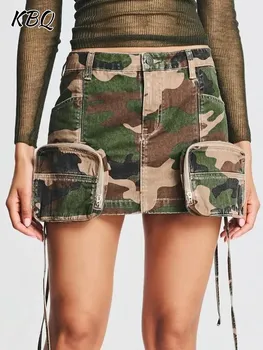 Камуфляжные винтажные мини-юбки KBQ для женщин с высокой талией и карманами в стиле пэчворк для похудения, повседневная юбка с цветными блоками, Женский модный стиль
