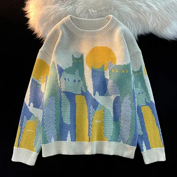 Китай-шикарный ретро-мультяшный уродливый свитер для мужчин и женщин, Весна-осень, Свободный винтажный парный трикотаж, пуловер, Забавная мужская одежда