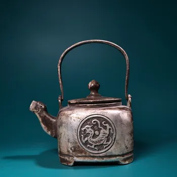 Коллекция Тибетского храма 7 дюймов, Старая Бронза, Киноварь, Позолоченный серебряный дракон, Подъемная балка, чайник, Украшения для чайников, Таунхаус