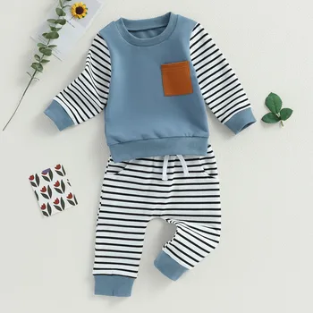 Комплекты Брюк для маленьких мальчиков из 2 предметов, осенняя одежда, топы в стиле пэчворк с длинными рукавами и штаны в полоску с завязками, одежда для малышей