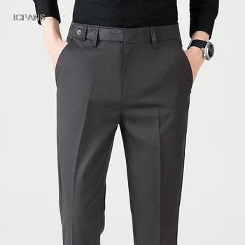 Корейские костюмные брюки длиной до щиколотки, мужские приталенные, черные, коричневые, офисные, модные, вечерние, классические брюки