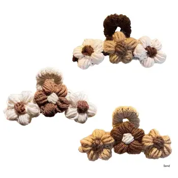 Коричневая вязаная заколка в виде цветка, уникальный зажим, заколки для волос, аксессуар для женщин