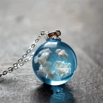 Креативное Белое Облако Голубое Небо Ожерелье Из Прозрачной Смолы С Шариком Кулон Женские Ювелирные Изделия