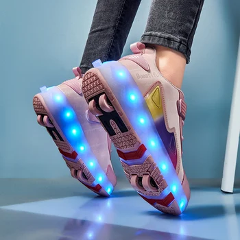 Кроссовки с колесами, роликовые коньки, обувь для мальчиков и девочек, детская спортивная повседневная мода, 4 ролика, светящиеся ботинки со светодиодной подсветкой