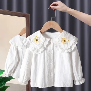 Кружевная рубашка с лацканами для девочек 2023 Весна и осень, новая детская одежда, детская рубашка для маленьких девочек, белая рубашка из хлопка