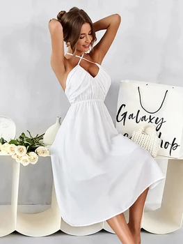 Летнее Белое платье на бретелях 2023, женское Пляжное Сексуальное платье без рукавов, женские вечерние платья Миди с открытой спиной для женщин