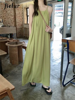 Летнее новое однотонное тонкое женское платье Jielur, милое элегантное женское платье, женское Корейское зеленое Черное шикарное свободное платье, женское платье