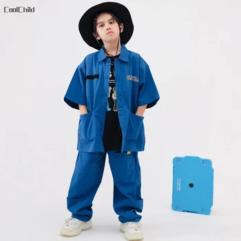 Мальчик в стиле хип-хоп, синяя рубашка, брюки-карго для уличных танцев, комплекты одежды, крутая блузка для девочек, детская уличная одежда, куртка, детские джазовые костюмы