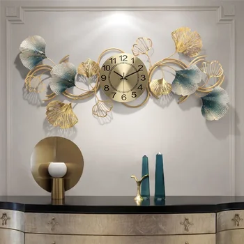 Модные металлические настенные часы в китайском стиле Для домашней гостиной Часы с листьями Гинкго Креативное Немое украшение стен Атмосферные Настенные часы