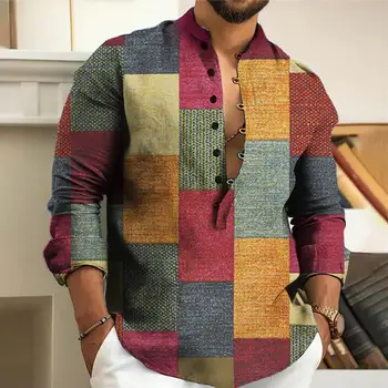 Мужская рубашка обычного покроя, рубашка с геометрическим принтом в стиле ретро, стильный дизайн в стиле ретро, классические мужские рубашки на пуговицах на весну-осень