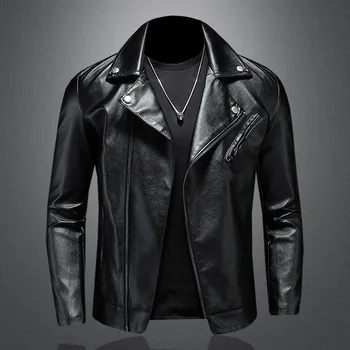 Мужские повседневные кожаные куртки с отложным воротником в корейском стиле, тонкая зимняя куртка из искусственной кожи, классическая мотоциклетная однотонная куртка на молнии.
